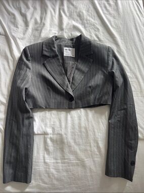 Elodie Cropped Pinstripe Blazer in Charcoal Gray